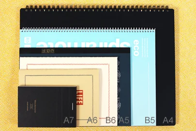 Comparação de tamanhos de cadernos A7, A6, B6, A5, B5 e A4