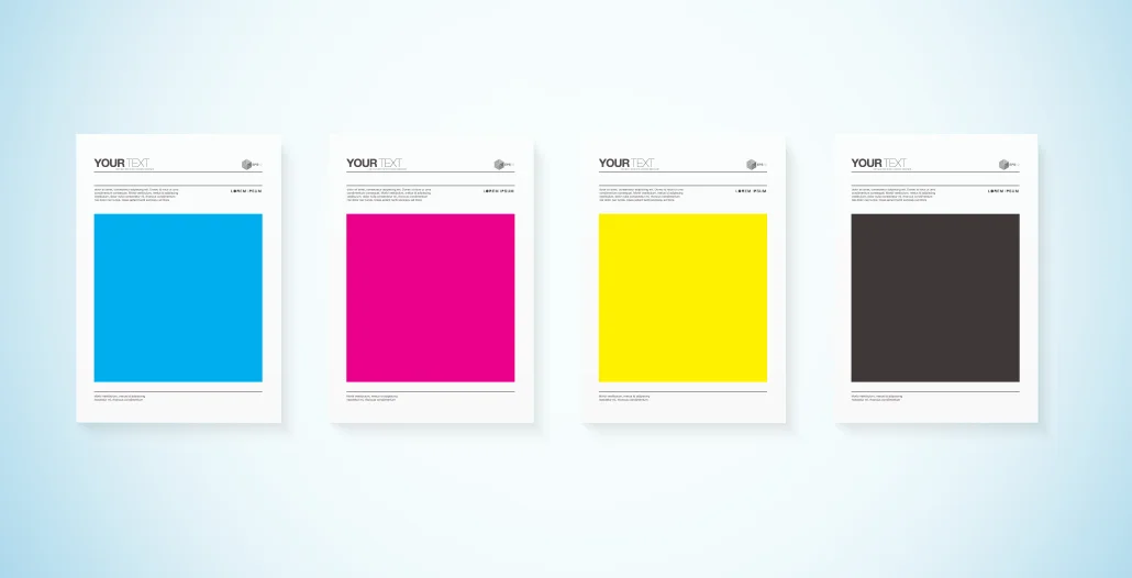 Quatro folhas com amostras das cores ciano, magenta, amarelo e preto