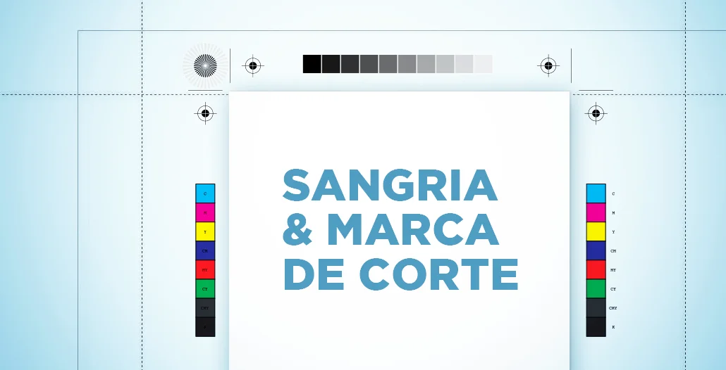 Diagrama técnico de sangria e marcas de corte com escalas de cor CMYK