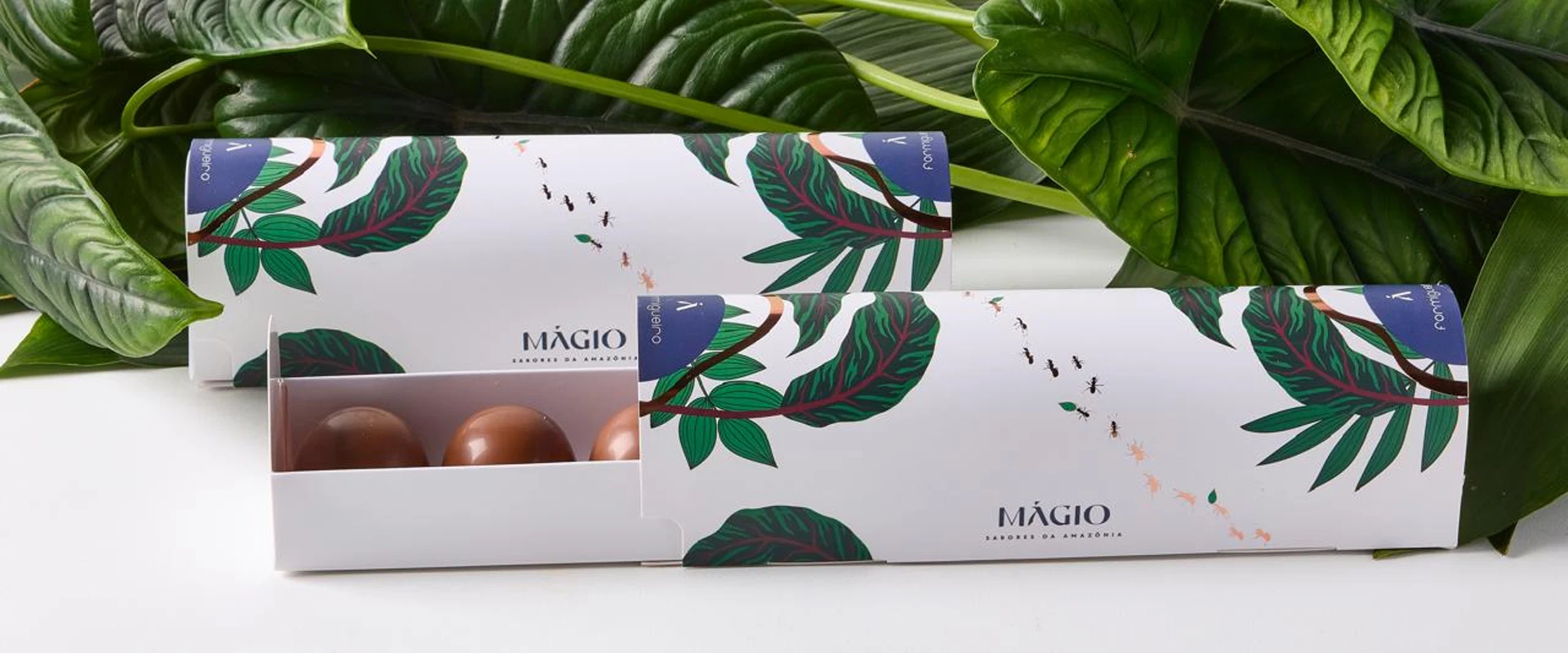 Embalagens Mágio Sabores da Amazônia com ilustração de folhagem e formigas, em meio a folhas tropicais