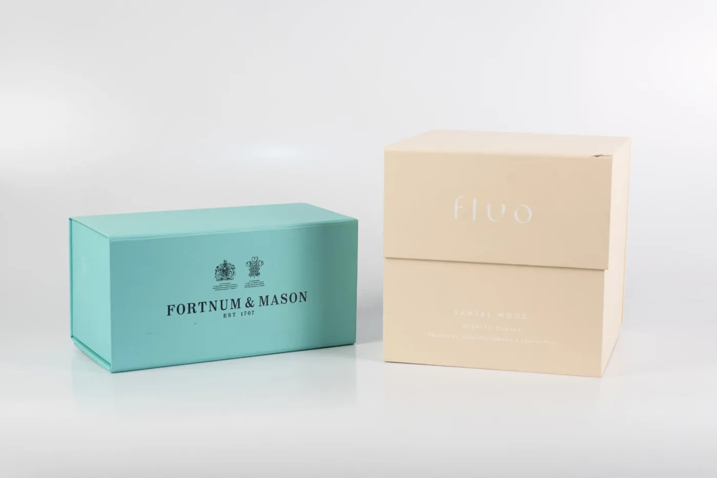 Caixas rígidas premium Fortnum & Mason e Fluo