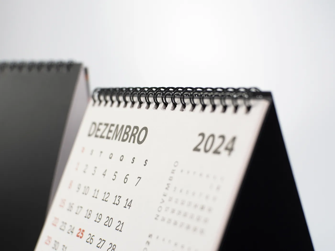 Detalhe do wire-o preto e da impressão do miolo do calendário