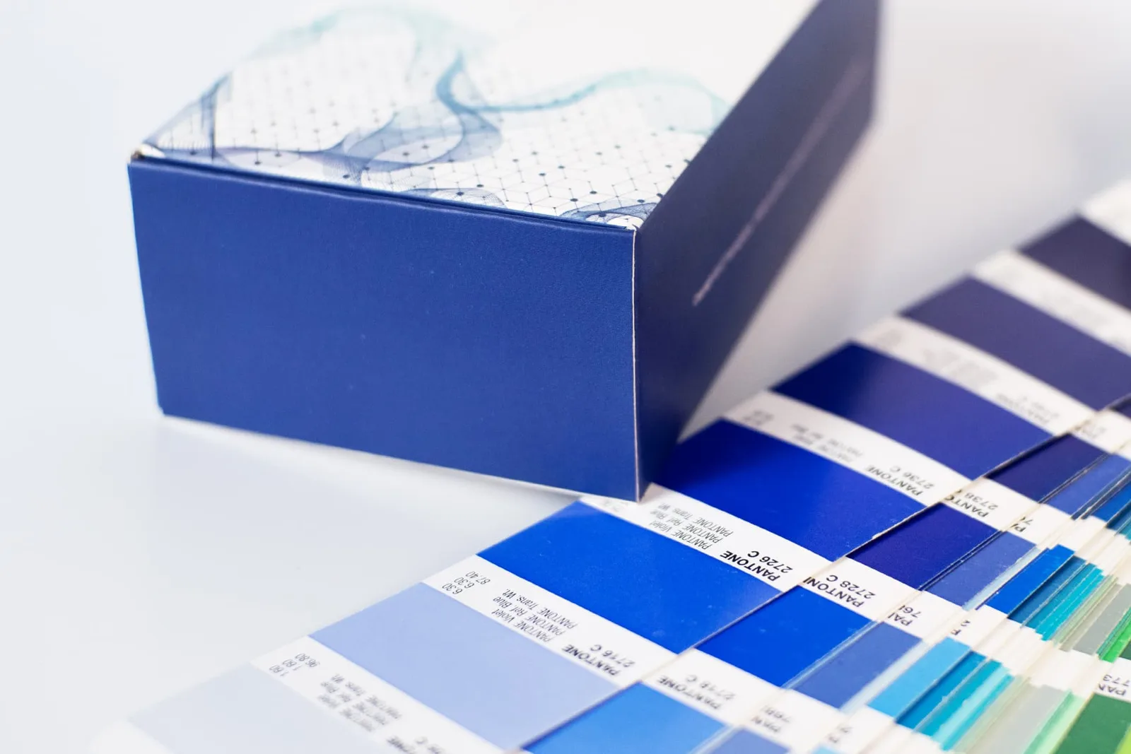 Detalhe da comparação entre o azul impresso na caixa e a referência Pantone 2726 C
